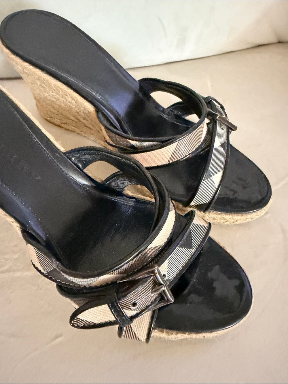 Burberry Black Patent Footbed Plaid-Trim Wedge Sandals